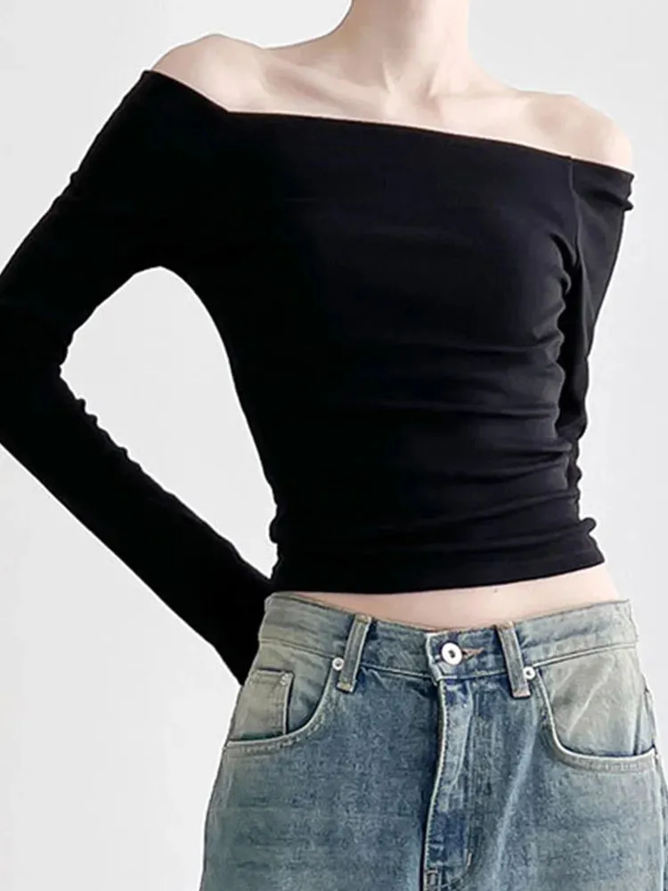 AMY FASHION - Elegant Slim Sexy Cropped Black Long Sleeve Korean Fall Crop Top