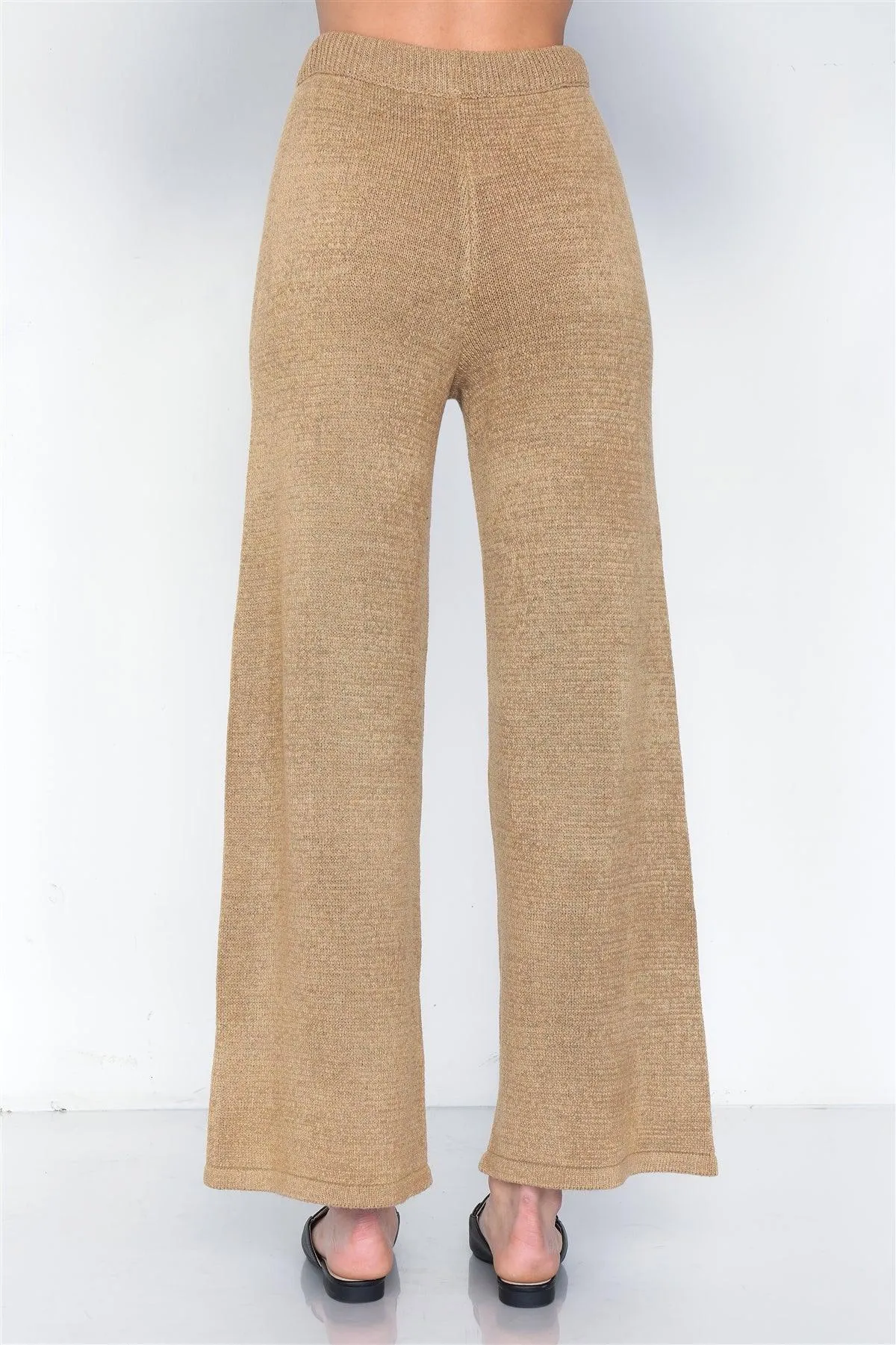 Beige Knit V-Neck Relaxed Fit Sweater & Flare Leg Pant Set   /3-2-1