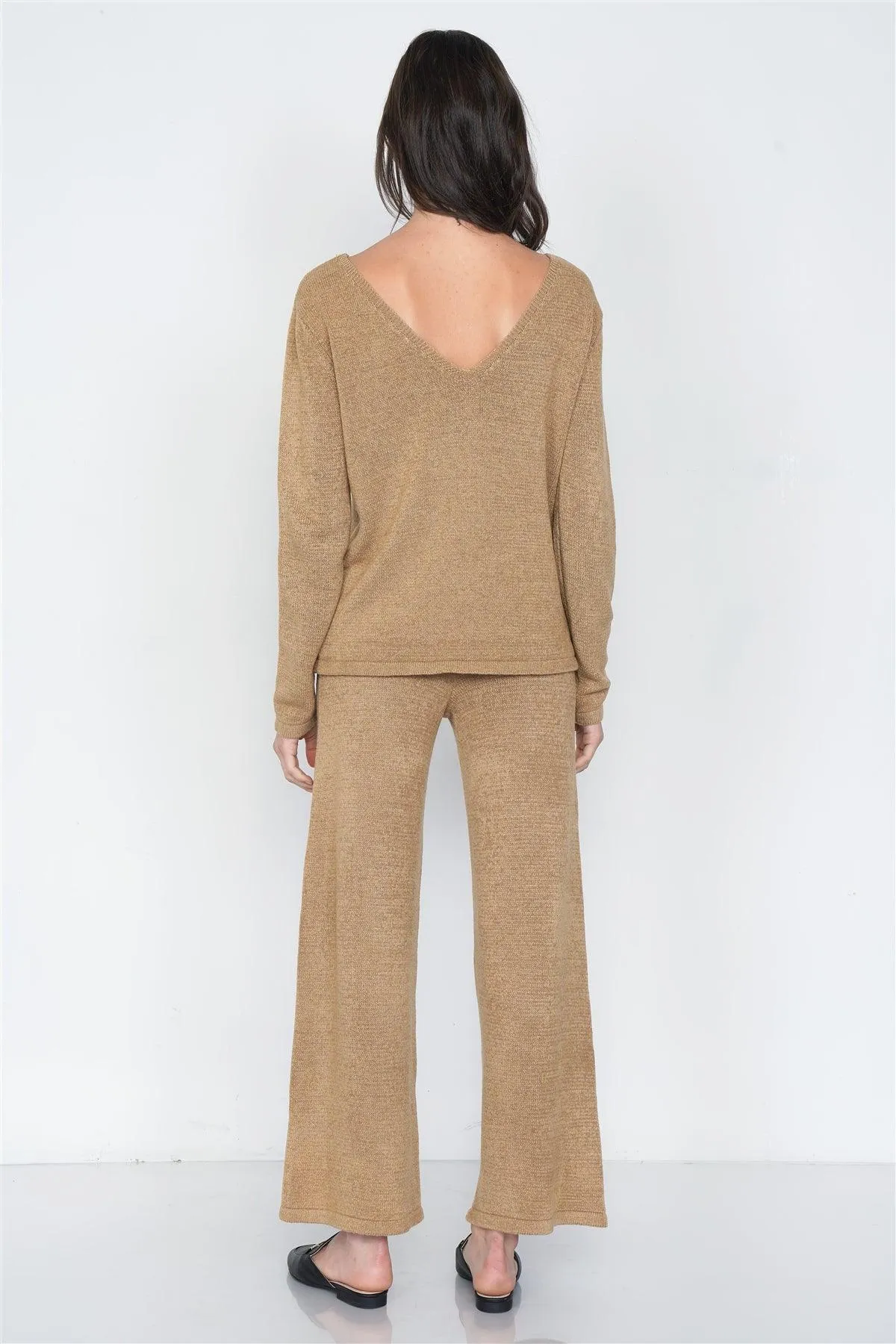 Beige Knit V-Neck Relaxed Fit Sweater & Flare Leg Pant Set   /3-2-1