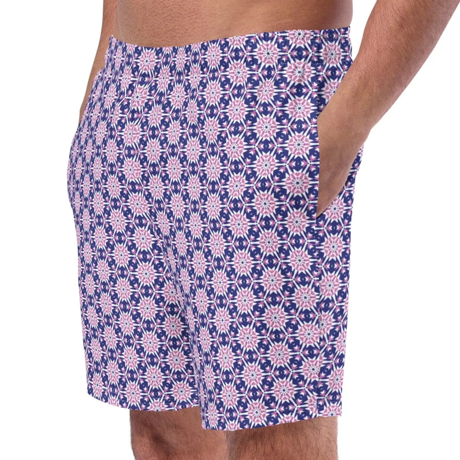 Block print blue swim trunks for men