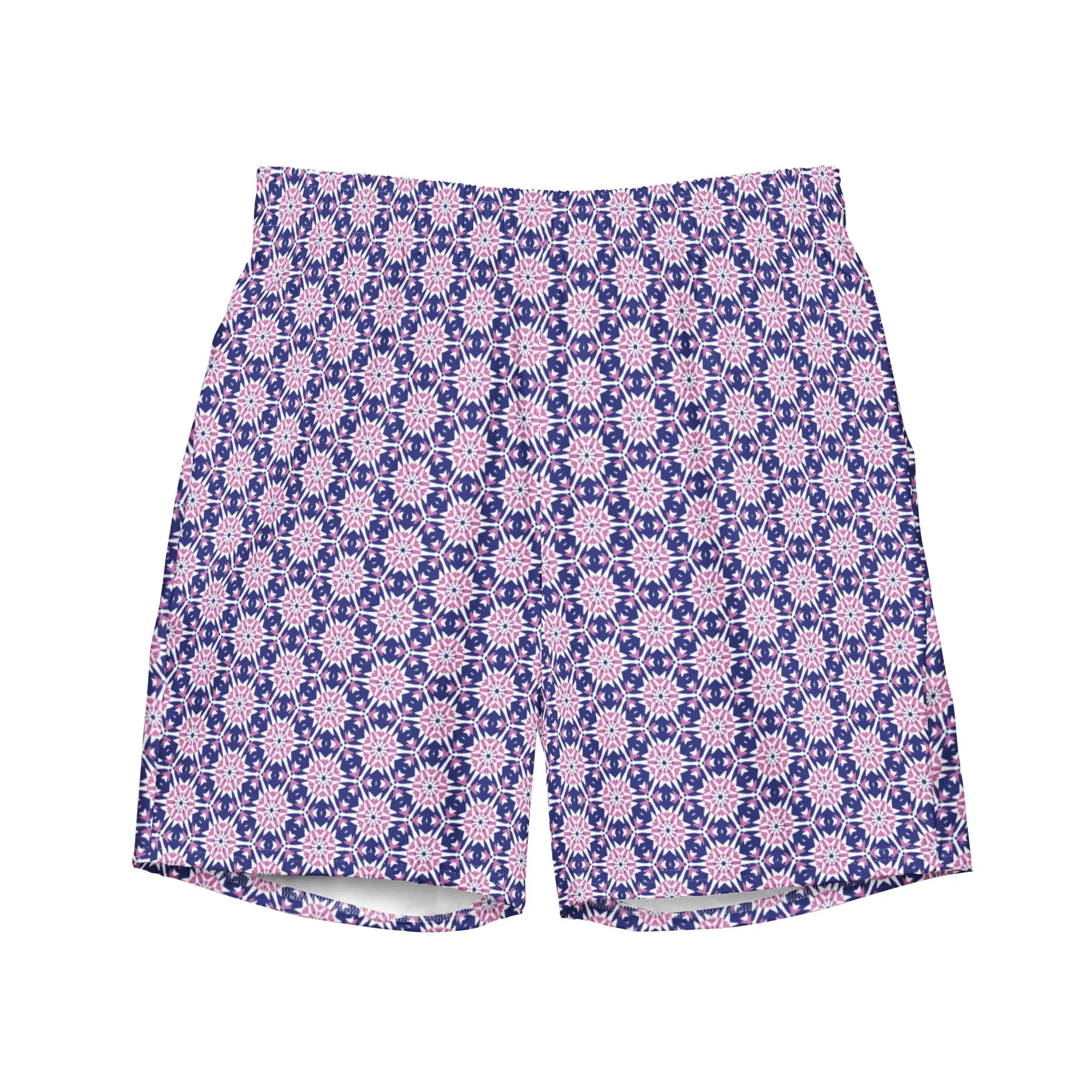 Block print blue swim trunks for men