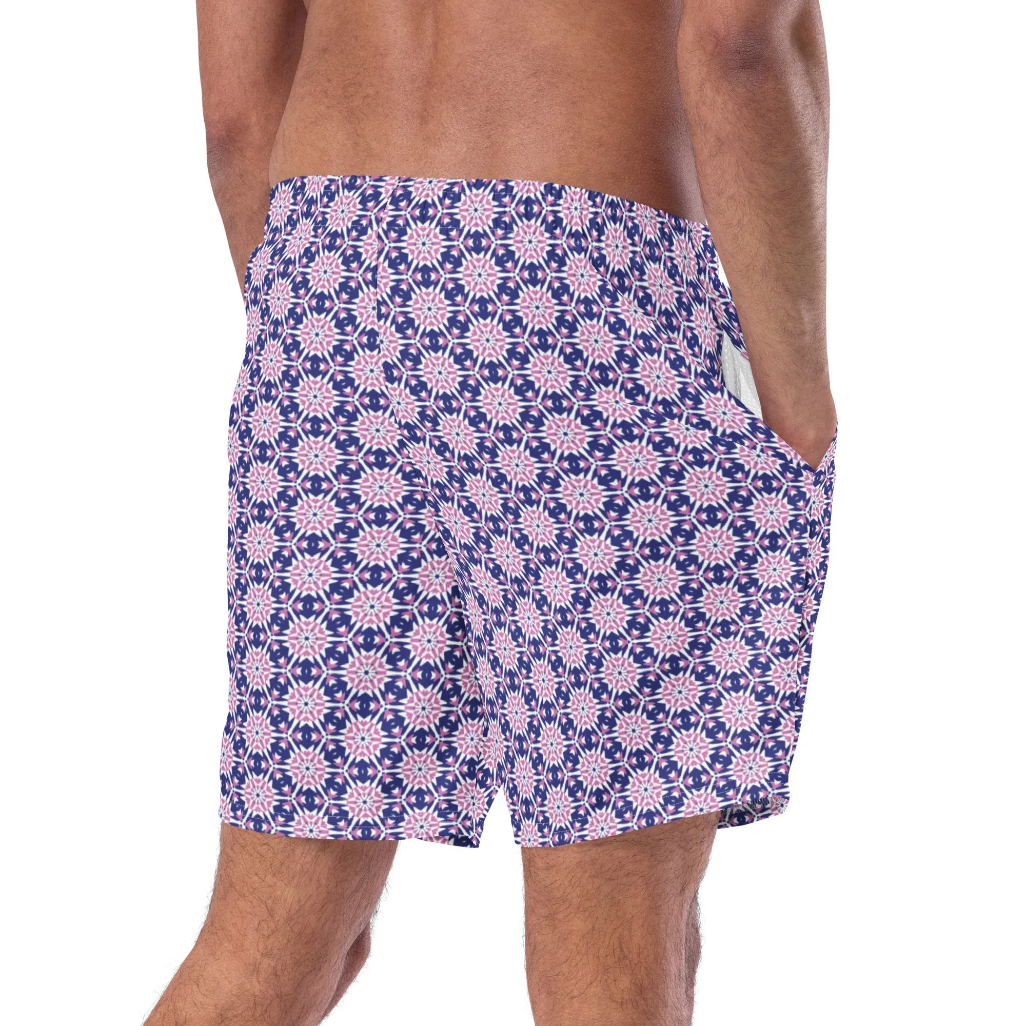 Block print blue swim trunks for men