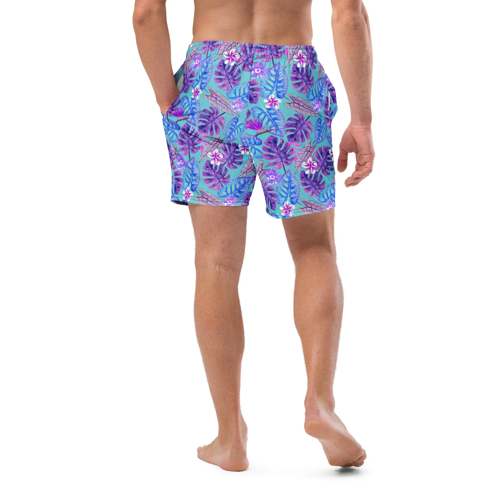 Blue tropical print swim trunk for men