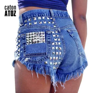 catonATOZ 1993 Women's 2017 Fashion Brand Vintage Tassel Rivet Ripped High Waisted Short Jeans Punk Sexy Hot Woman Denim Shorts