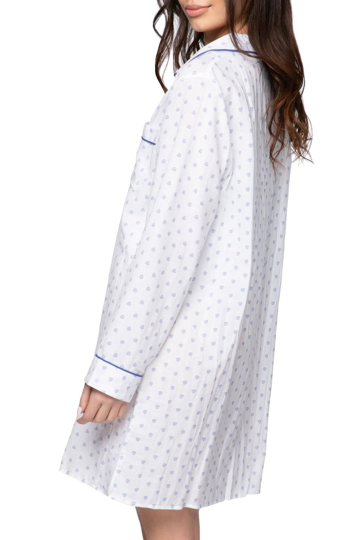 Cotton Chambray Night Shirt in White - Mini Blue Dot Print