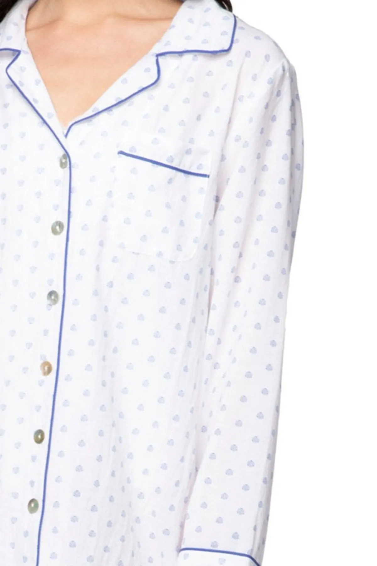 Cotton Chambray Night Shirt in White - Mini Blue Dot Print