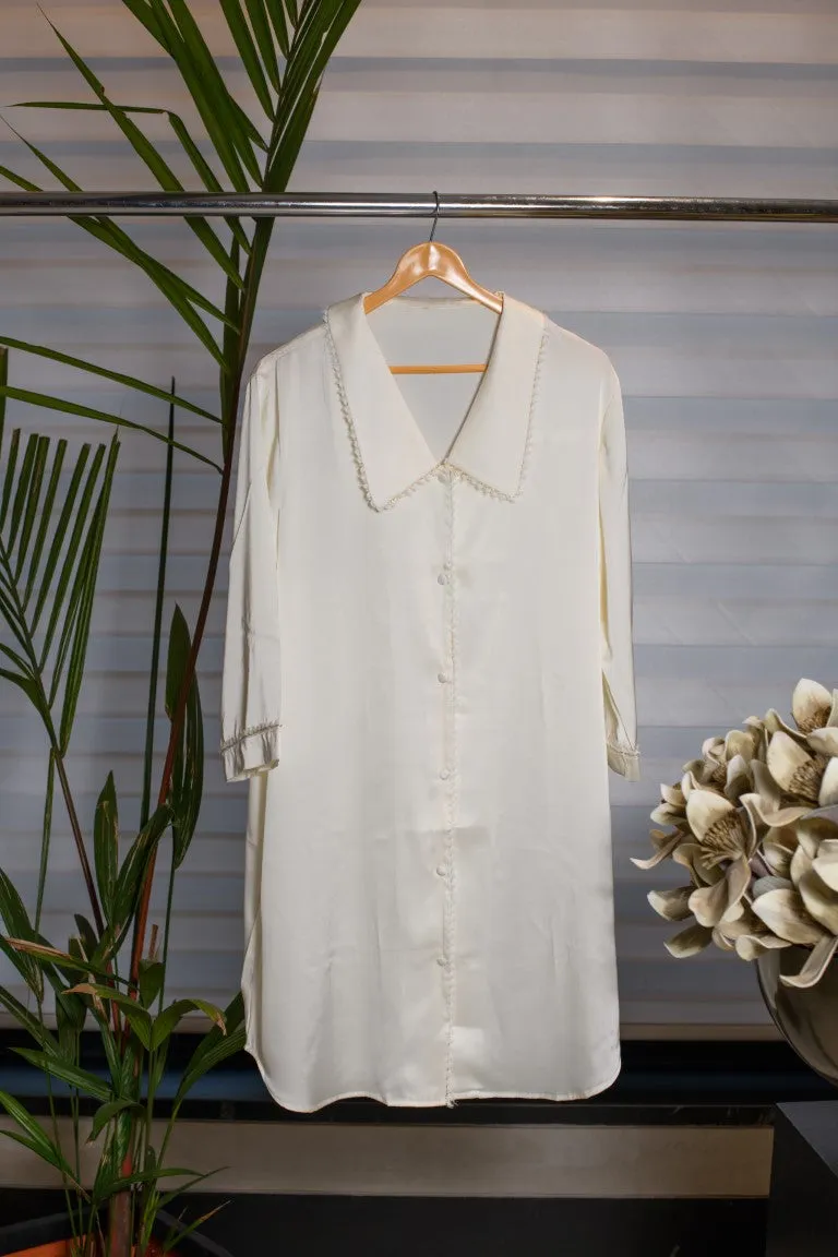 Creamy white Elegance Lounge Wear Shirt with White Embellished Border