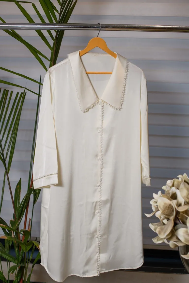 Creamy white Elegance Lounge Wear Shirt with White Embellished Border