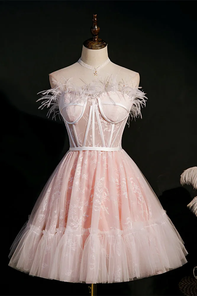 Feather Pink Lace Short A-line Homecoming Dress