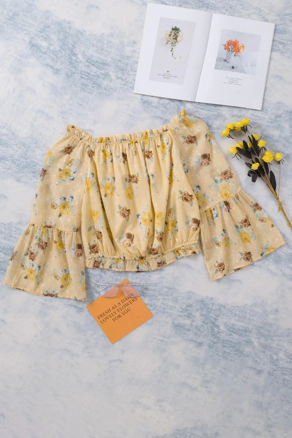 Floral Long Bell Sleeves Crop Top for Women - Yellow