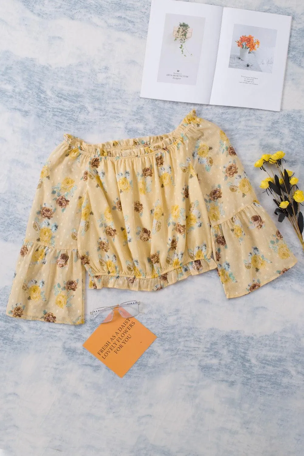 Floral Long Bell Sleeves Crop Top for Women - Yellow