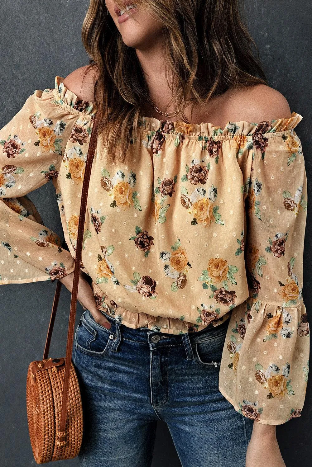 Floral Long Bell Sleeves Crop Top for Women - Yellow