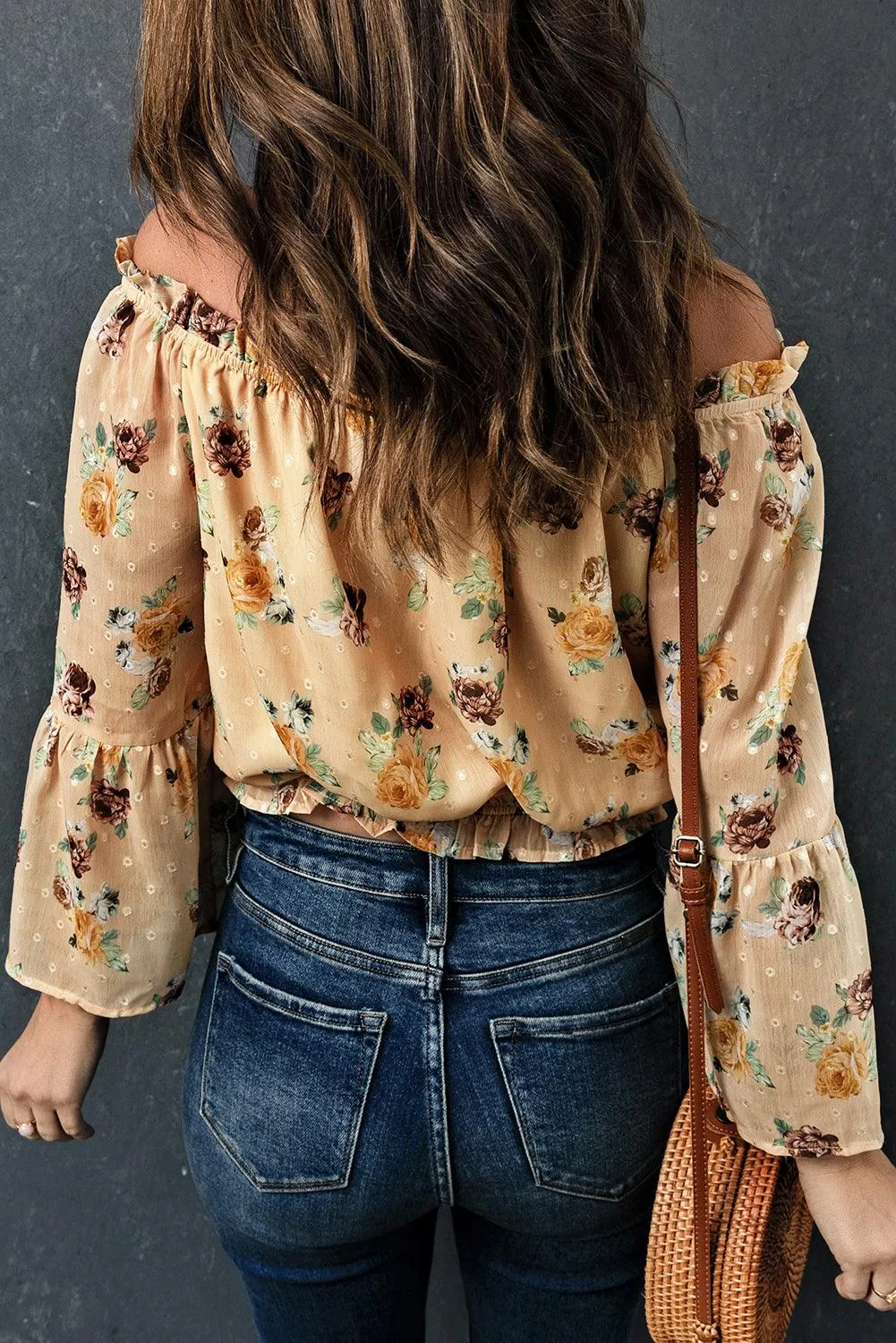 Floral Long Bell Sleeves Crop Top for Women - Yellow