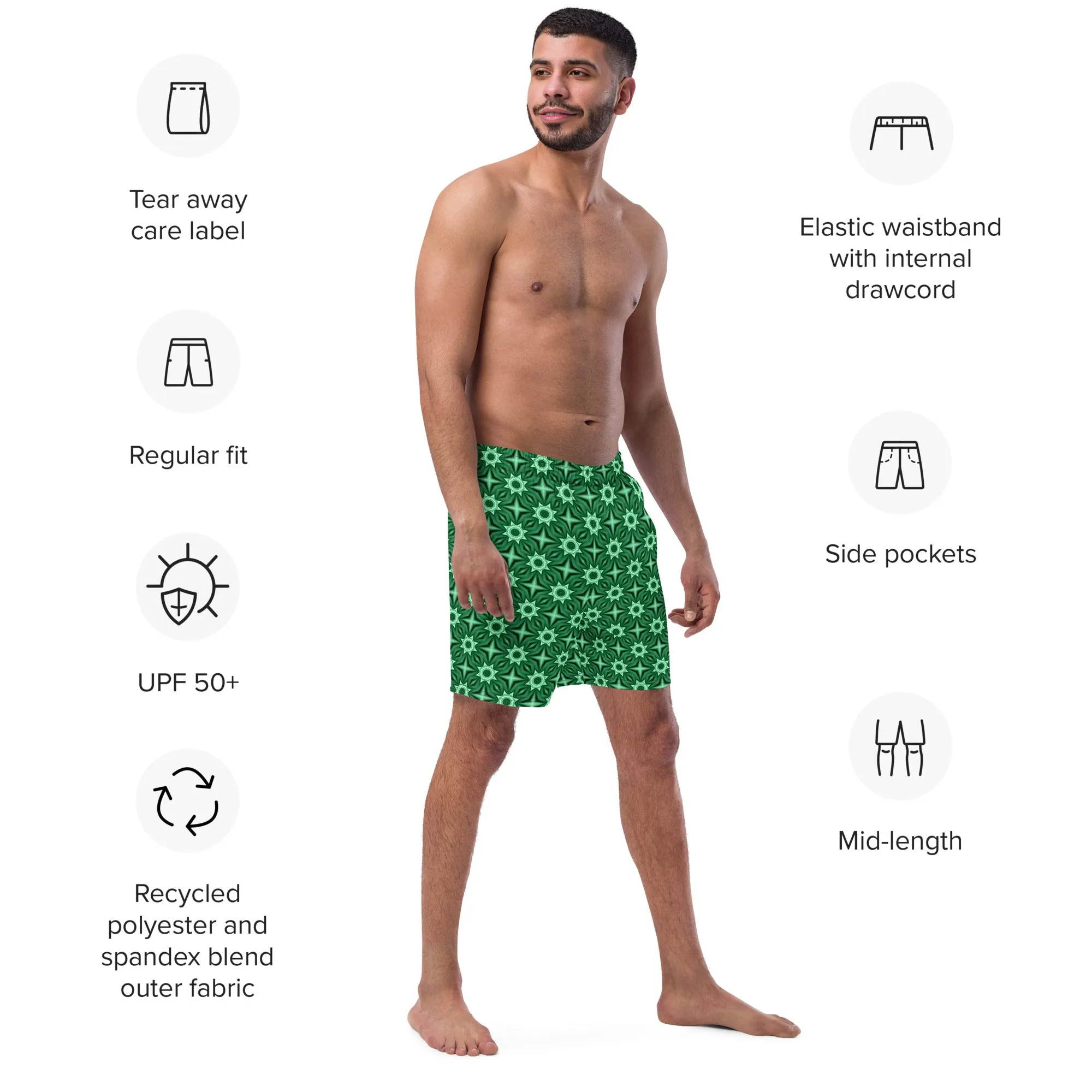 Green floral swim trunks for men