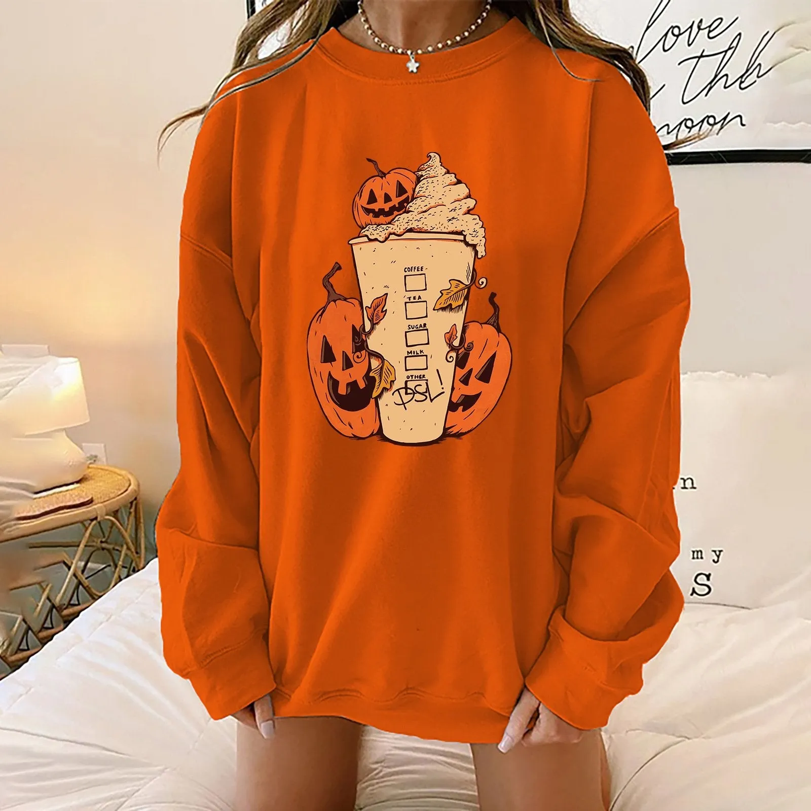 Halloween milk tea print hoodie pumpkin long sleeve women