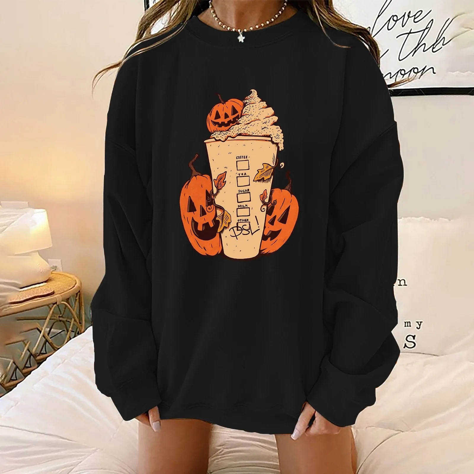 Halloween milk tea print hoodie pumpkin long sleeve women