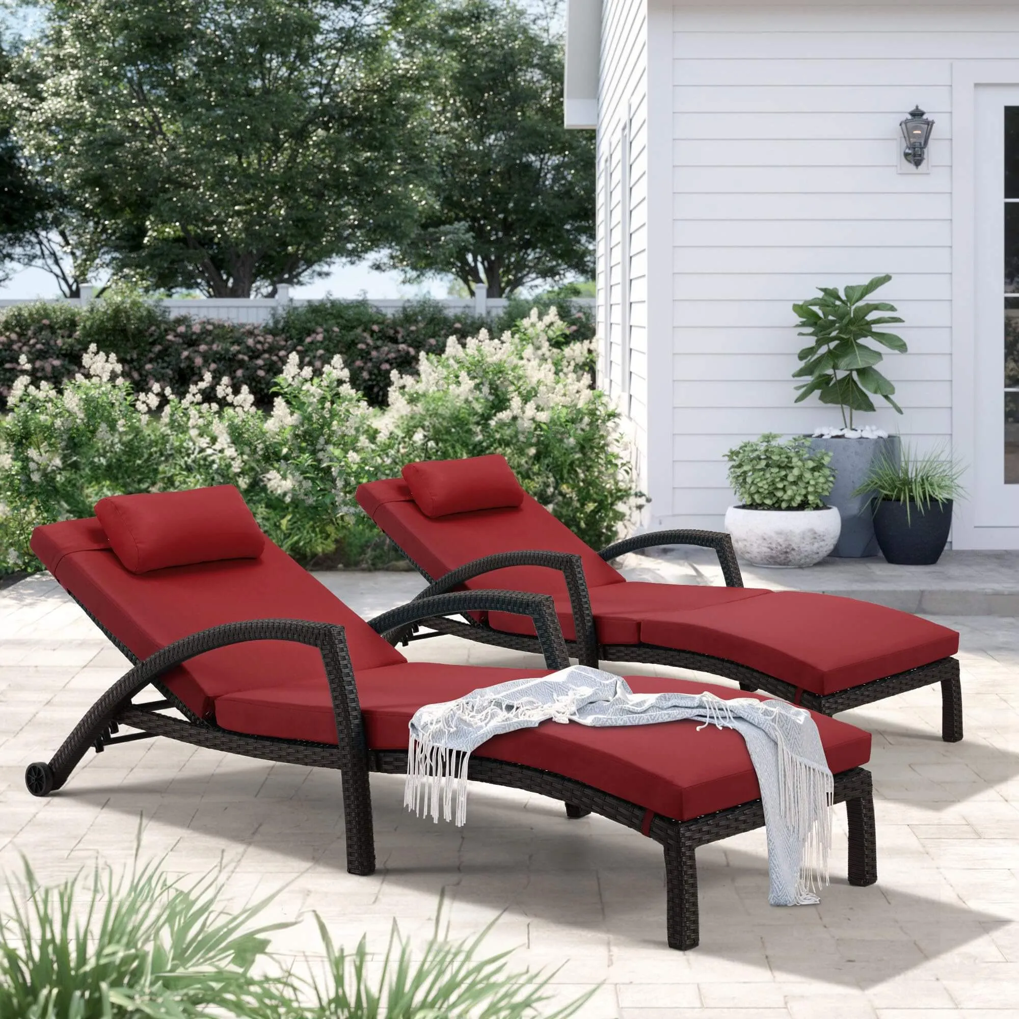 HOMREST Chaise Lounge Chairs Set of 2 for Outside, PE Rattan Wicker Patio Pool Lounge Chair with Arm, Red Cushion for Poolside Beach