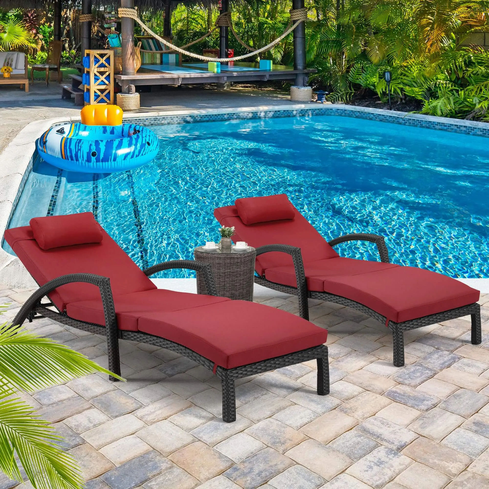 HOMREST Chaise Lounge Chairs Set of 2 for Outside, PE Rattan Wicker Patio Pool Lounge Chair with Arm, Red Cushion for Poolside Beach