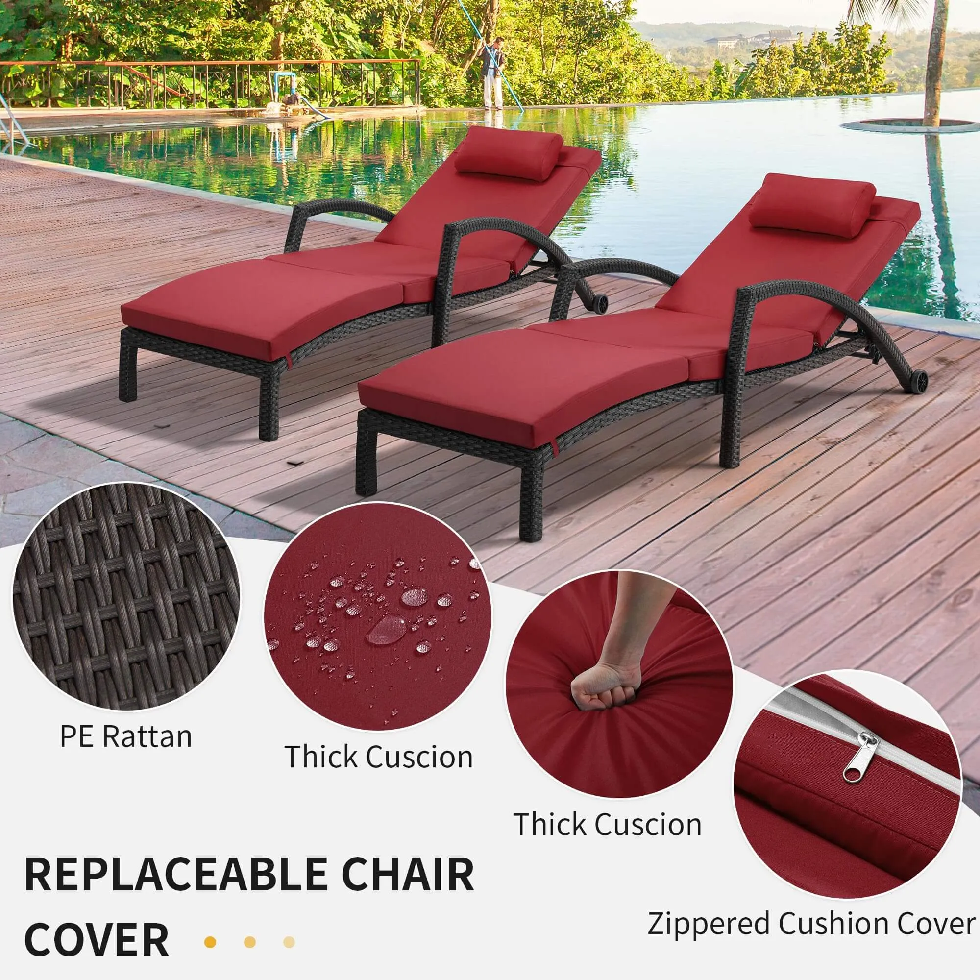 HOMREST Chaise Lounge Chairs Set of 2 for Outside, PE Rattan Wicker Patio Pool Lounge Chair with Arm, Red Cushion for Poolside Beach