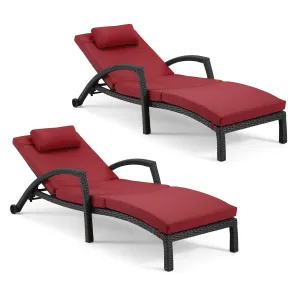 HOMREST Chaise Lounge Chairs Set of 2 for Outside, PE Rattan Wicker Patio Pool Lounge Chair with Arm, Red Cushion for Poolside Beach