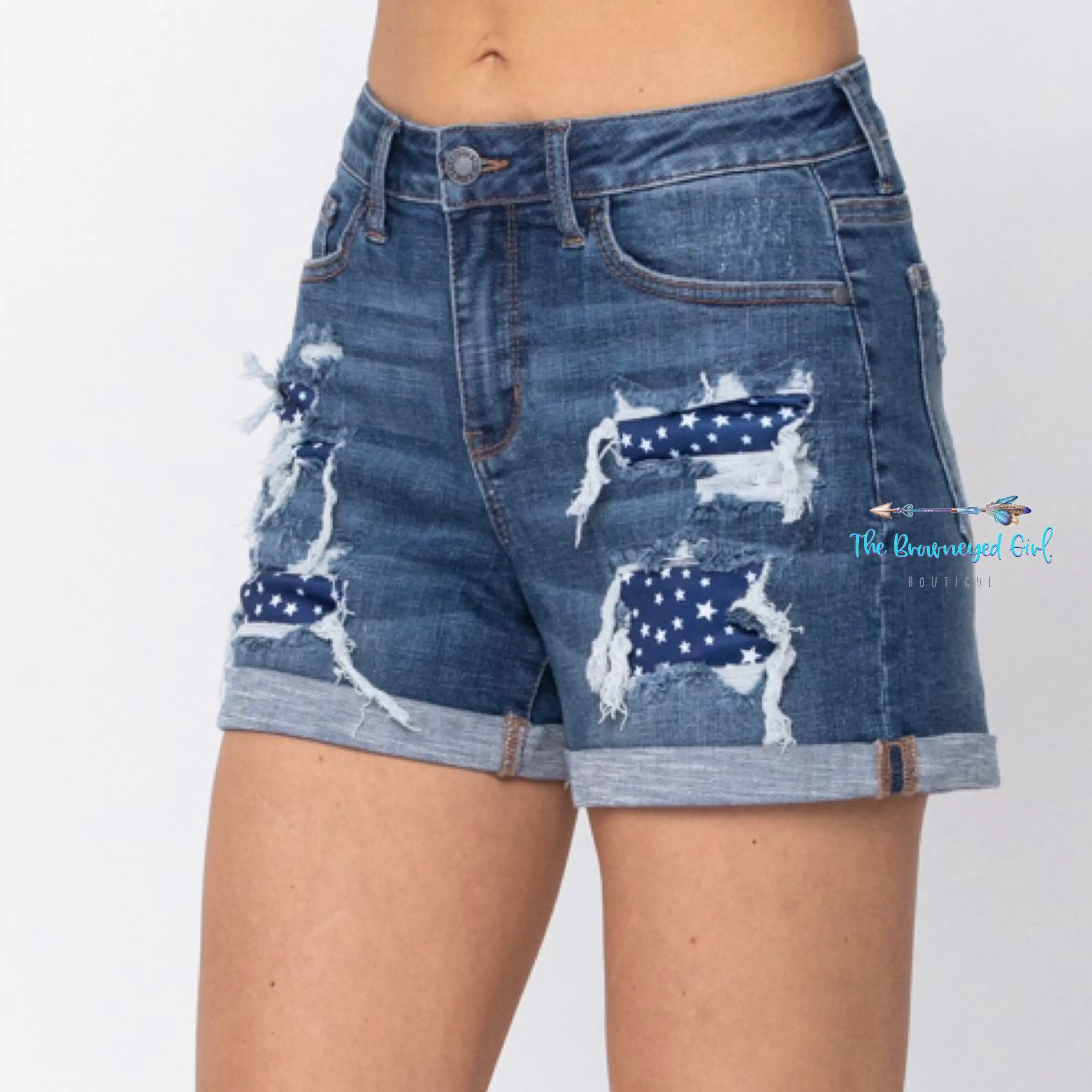 Judy Distressed Blue Star Patched Shorts