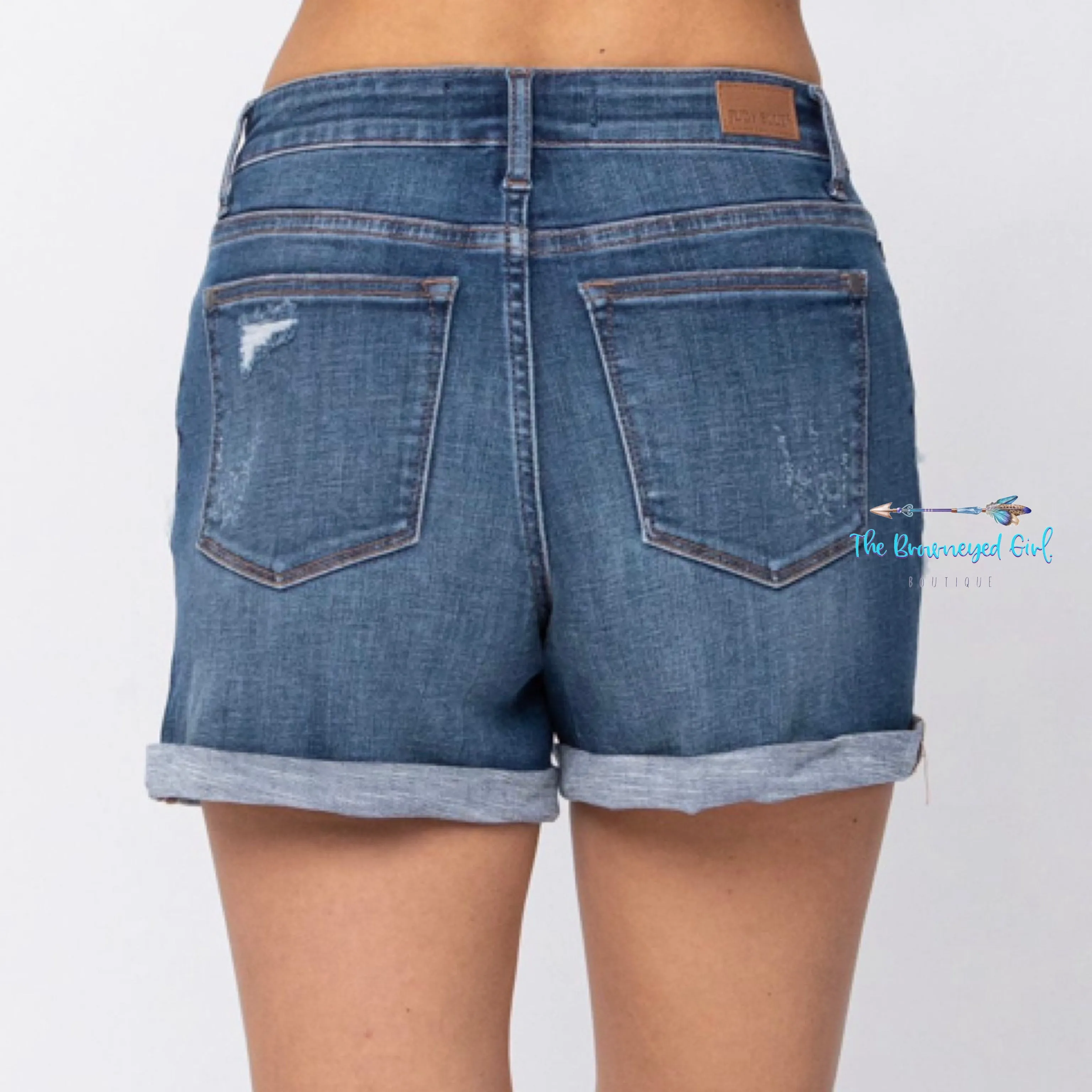 Judy Distressed Blue Star Patched Shorts