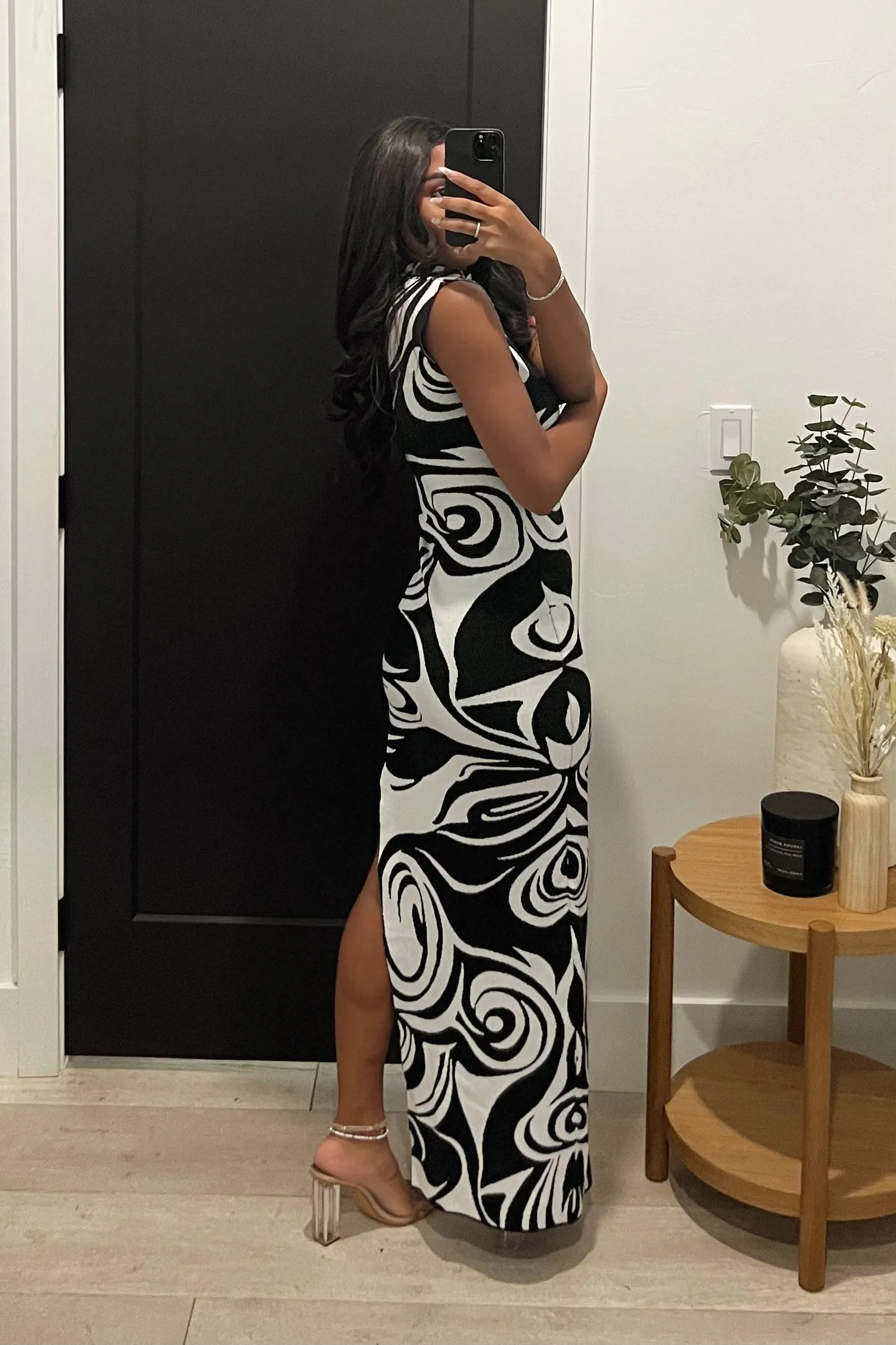 Julissa Slit Maxi Dress (Black/White Marble)