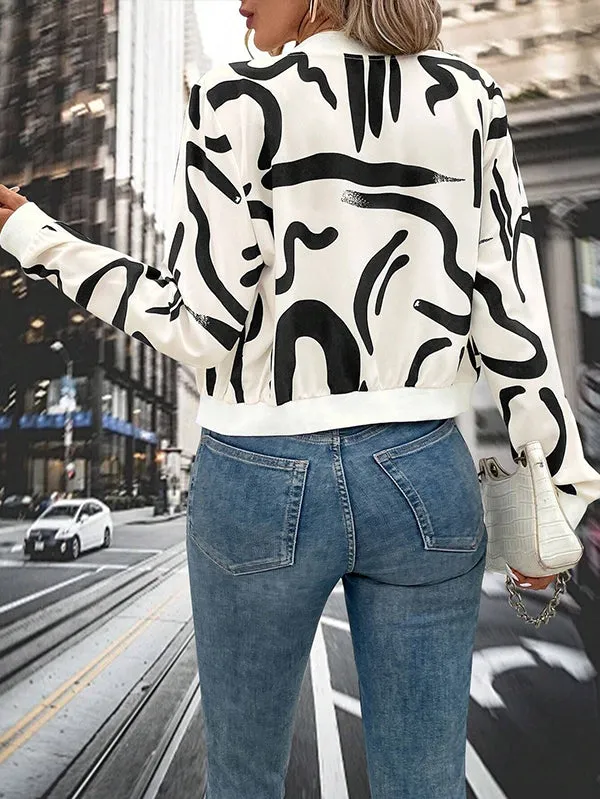 Long Sleeves Loose Printed Zipper Jackets Outerwear