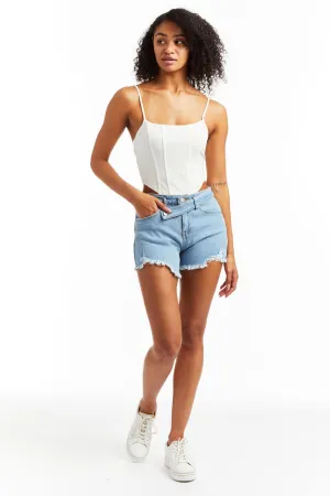 Overflap Fly High Rise Long Denim Short