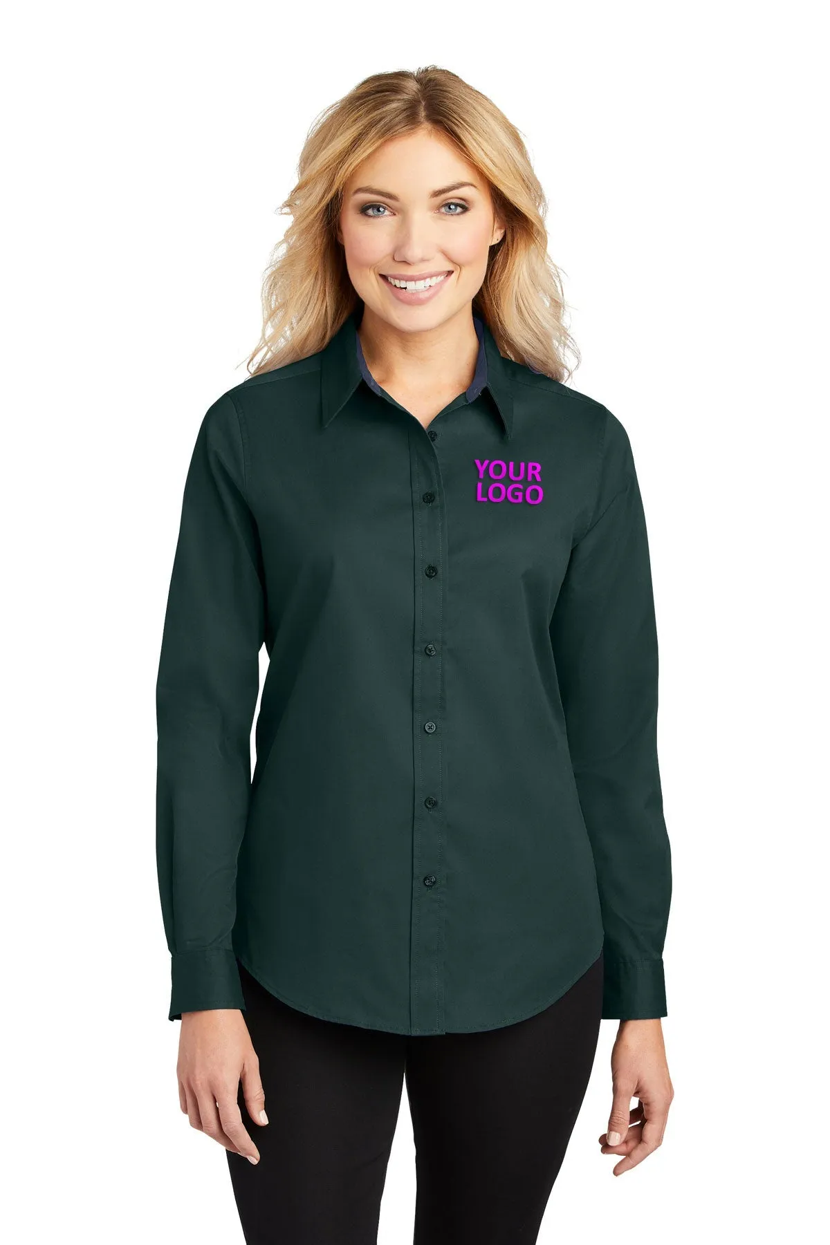 Port Authority Ladies Branded Easy Care Shirts, Dark Green/Navy