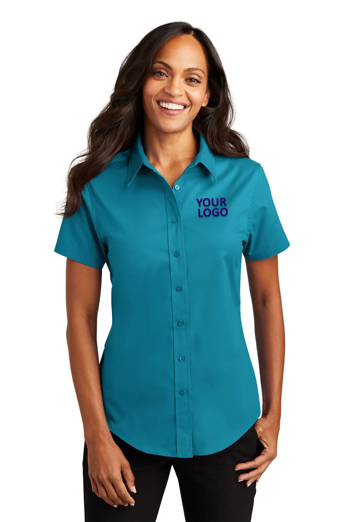 Port Authority Ladies Short Sleeve Easy Care Branded Shirts, Teal Green