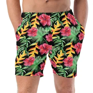 Red hibiscus flower swim trunks for men