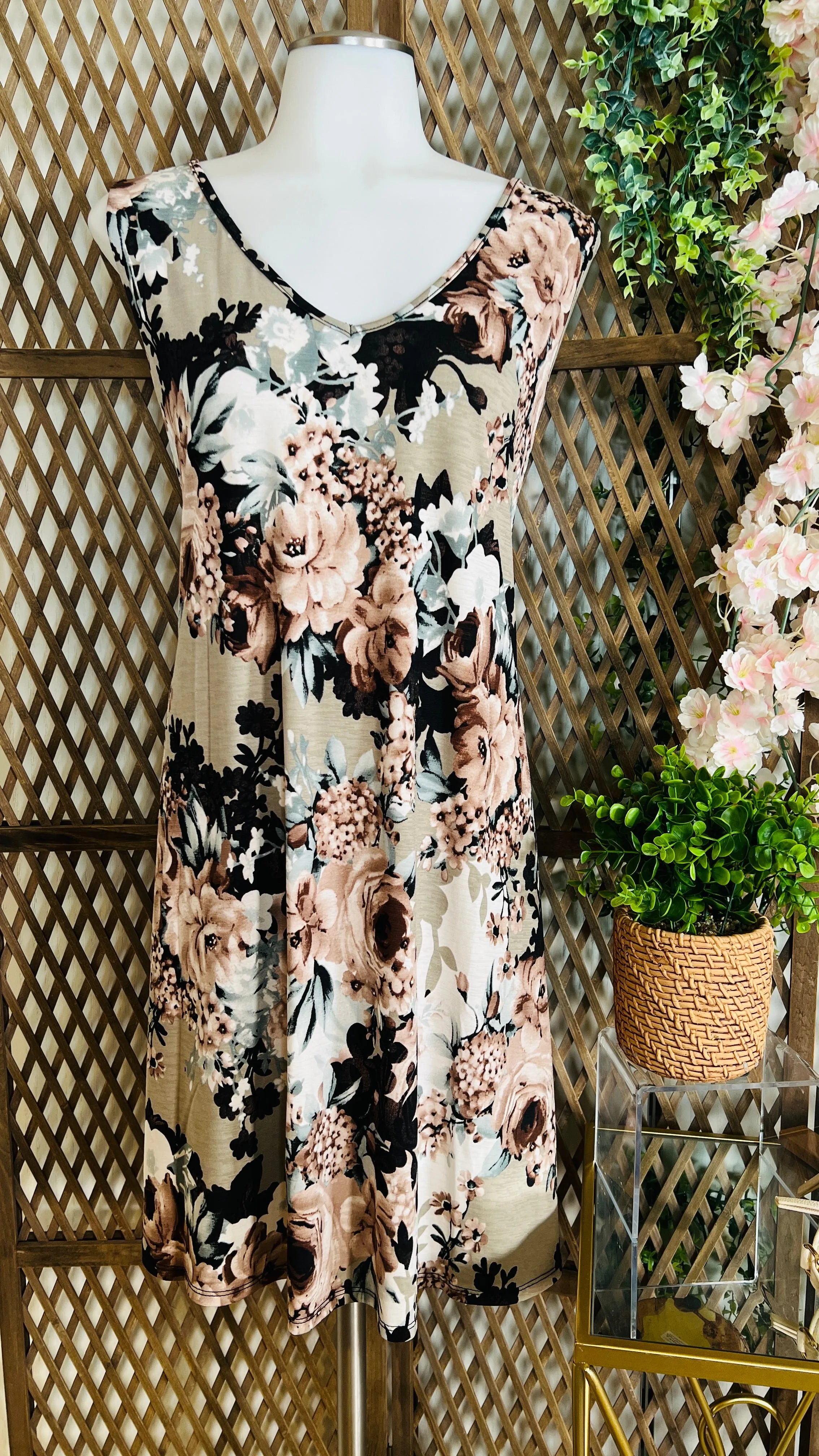 Taupe Multi Print Floral Dress