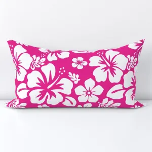 White Hawaiian Flowers on Hot Pink Lumbar Throw Pillow