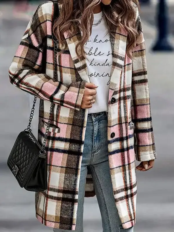 Women’s Button Front Long Sleeve Plaid Print Detail Long Blazer Coat