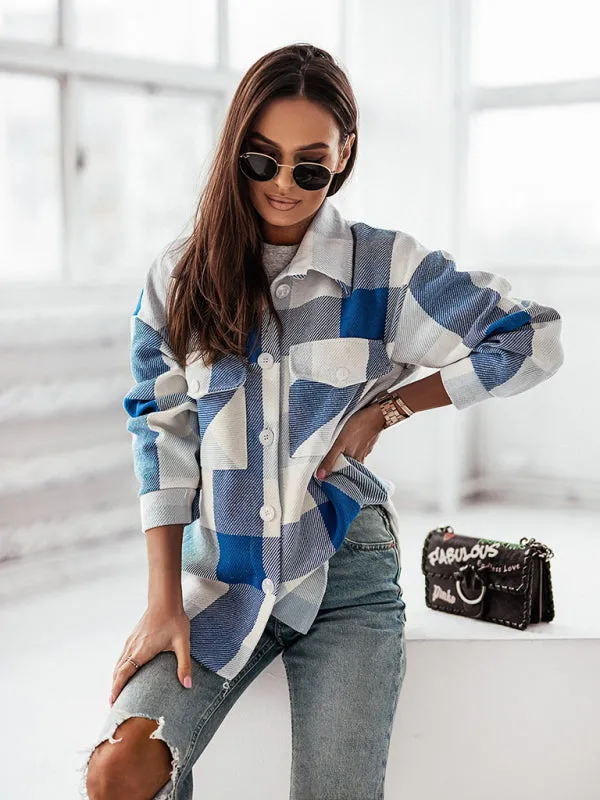 Women's Fashion Color Plaid Shirt Brushed Wool Jacket