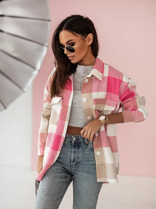 Women's Fashion Color Plaid Shirt Brushed Wool Jacket