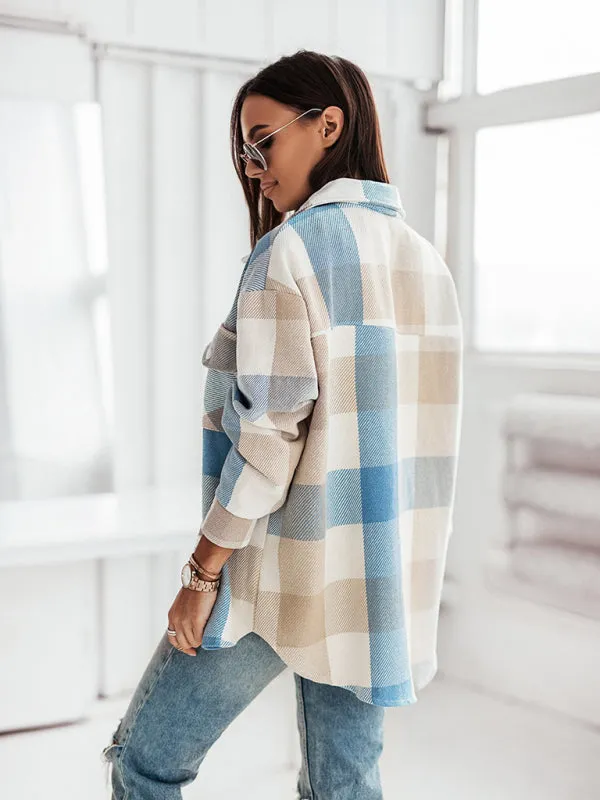 Women's Fashion Color Plaid Shirt Brushed Wool Jacket