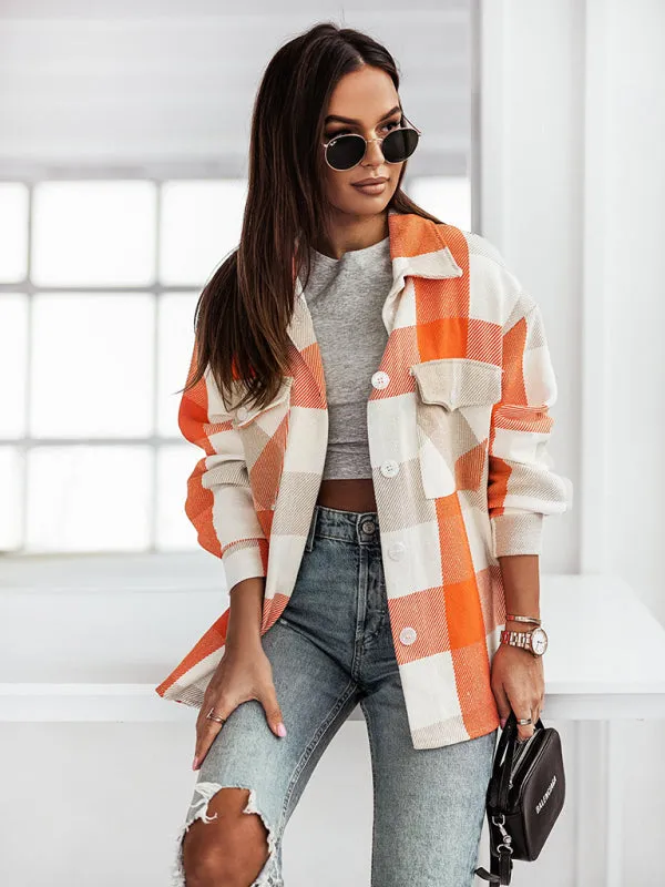 Women's Fashion Color Plaid Shirt Brushed Wool Jacket