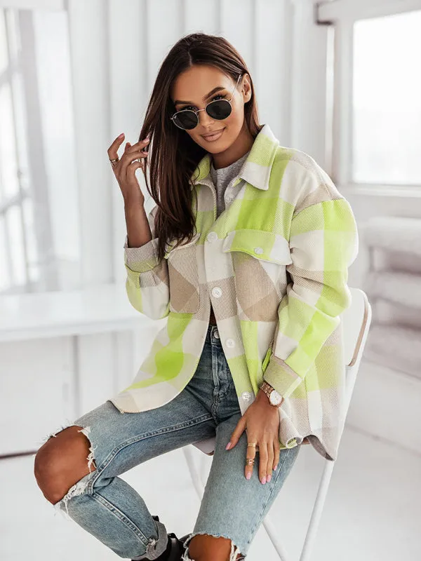 Women's Fashion Color Plaid Shirt Brushed Wool Jacket