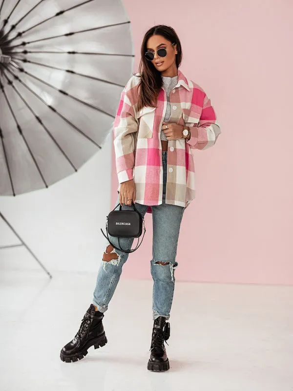 Women's Fashion Color Plaid Shirt Brushed Wool Jacket