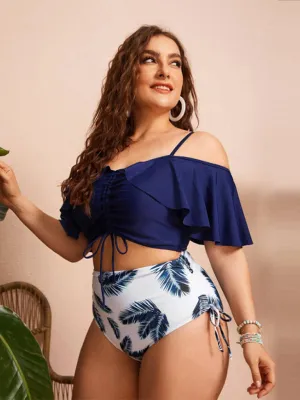 Women's Plus Size Ruffle Sleeve Tankini With Drawstring High Waist Bottoms