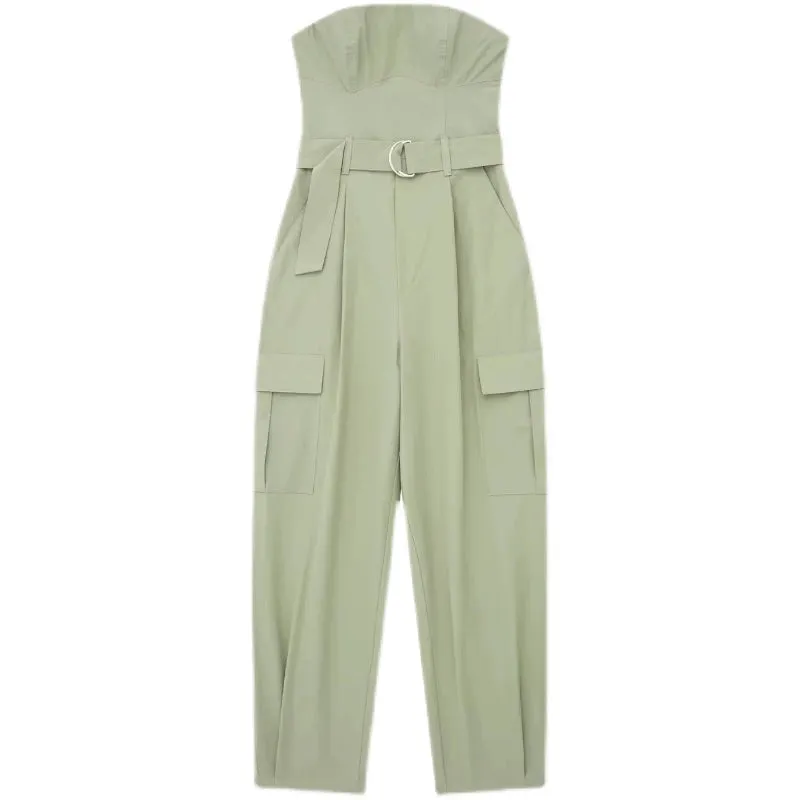 Women's Slim Fit Tube Top Overalls with Provence-Inspired Fashion Style and Straight-Leg Pants