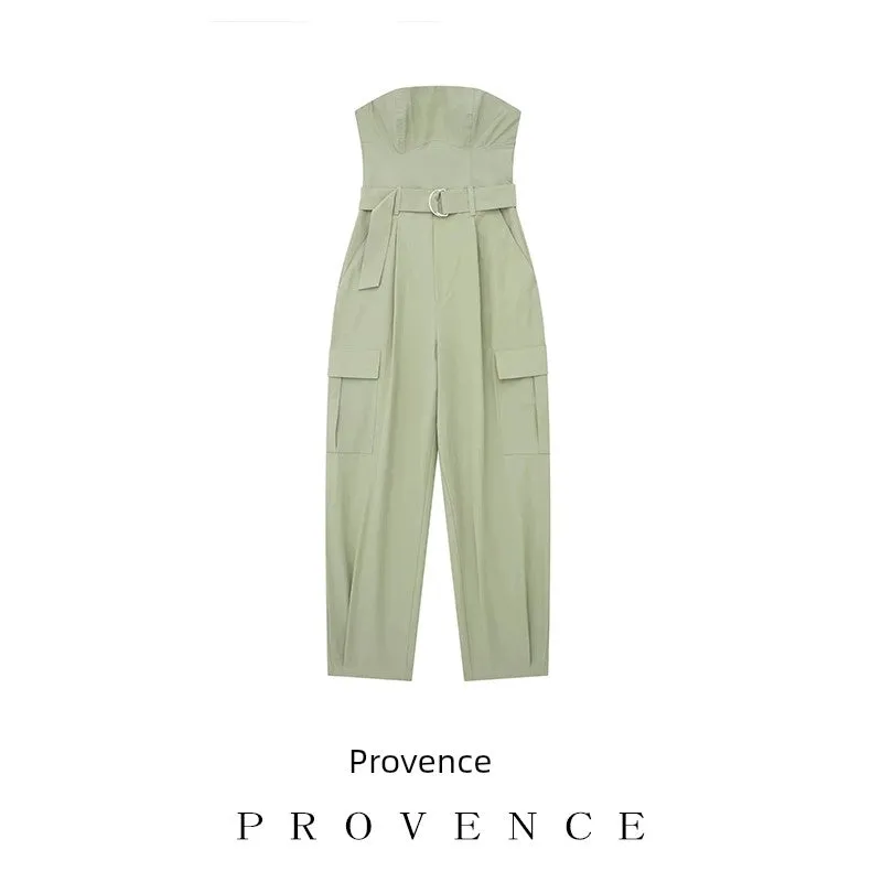 Women's Slim Fit Tube Top Overalls with Provence-Inspired Fashion Style and Straight-Leg Pants