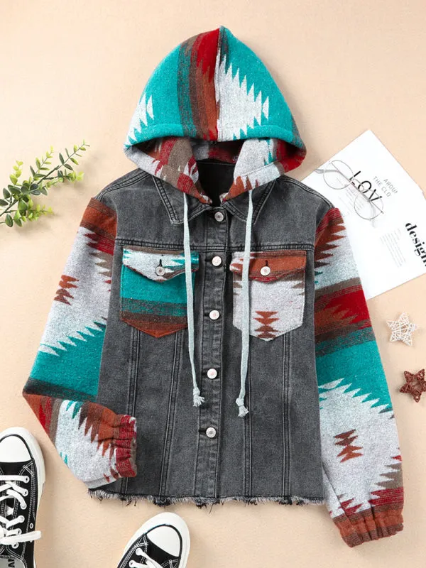 Women's western style denim patchwork hooded jacket