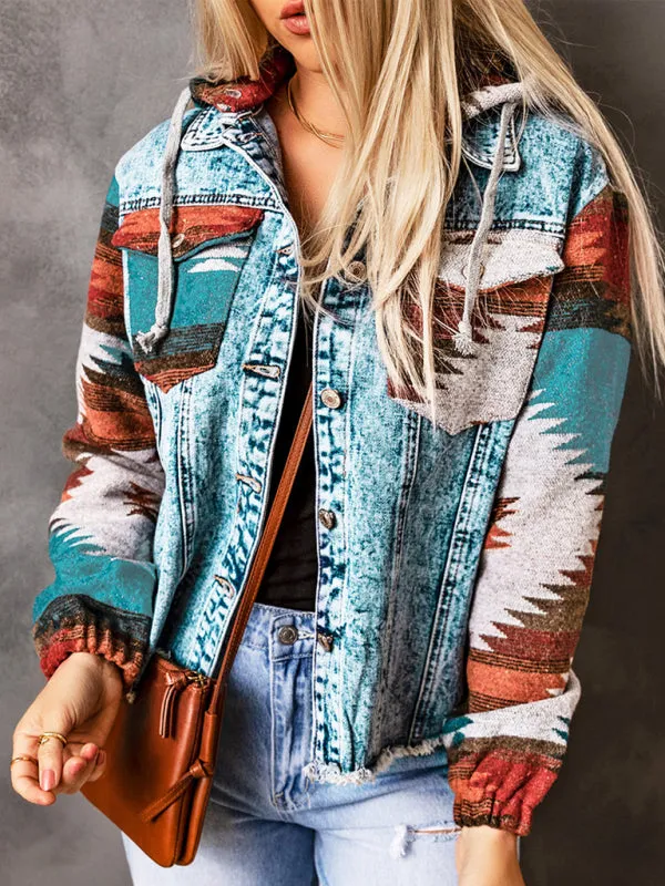 Women's western style denim patchwork hooded jacket