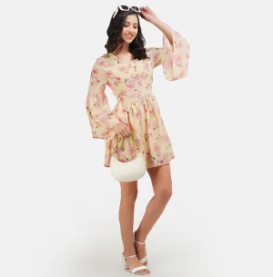 Yellow & Pink Floral Printed Fit & Flare Dress