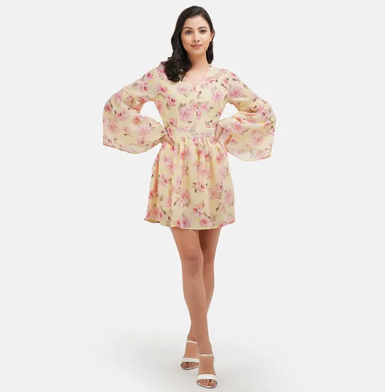 Yellow & Pink Floral Printed Fit & Flare Dress