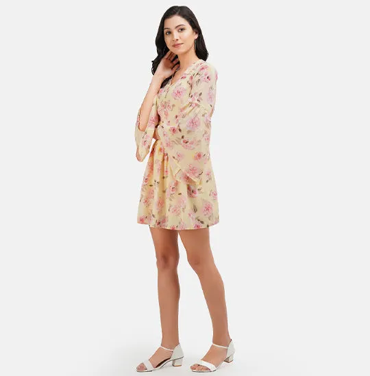 Yellow & Pink Floral Printed Fit & Flare Dress