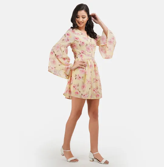 Yellow & Pink Floral Printed Fit & Flare Dress